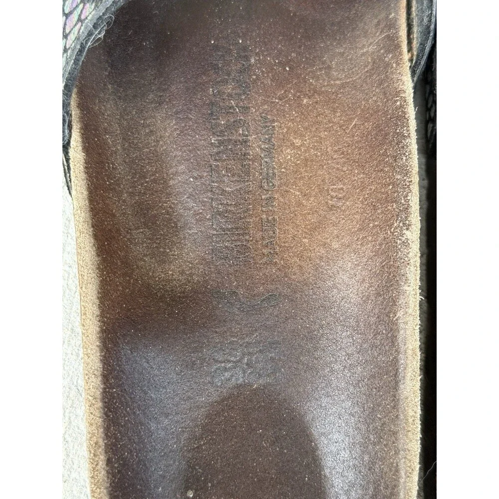 ⁠Birkenstock Madrid Black Metallic Python Snake Sandals Sz 38 Gold Buckle